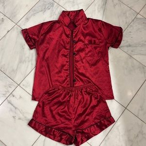 Red silk button up Pajama set